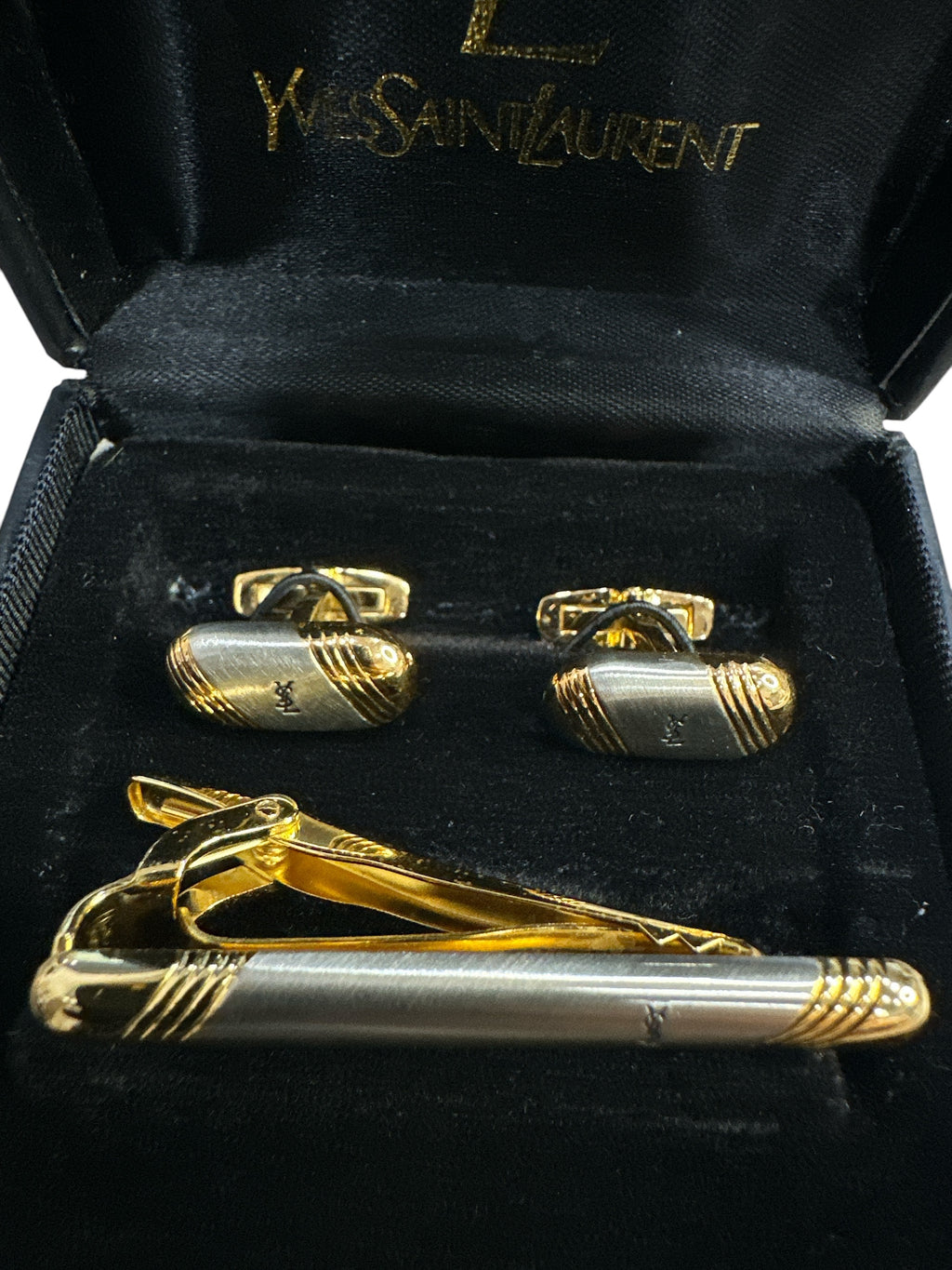 Yves Saint Laurent Vintage Two-Tone Logo Cufflink and Tie Pin Set - Clairely Amazing