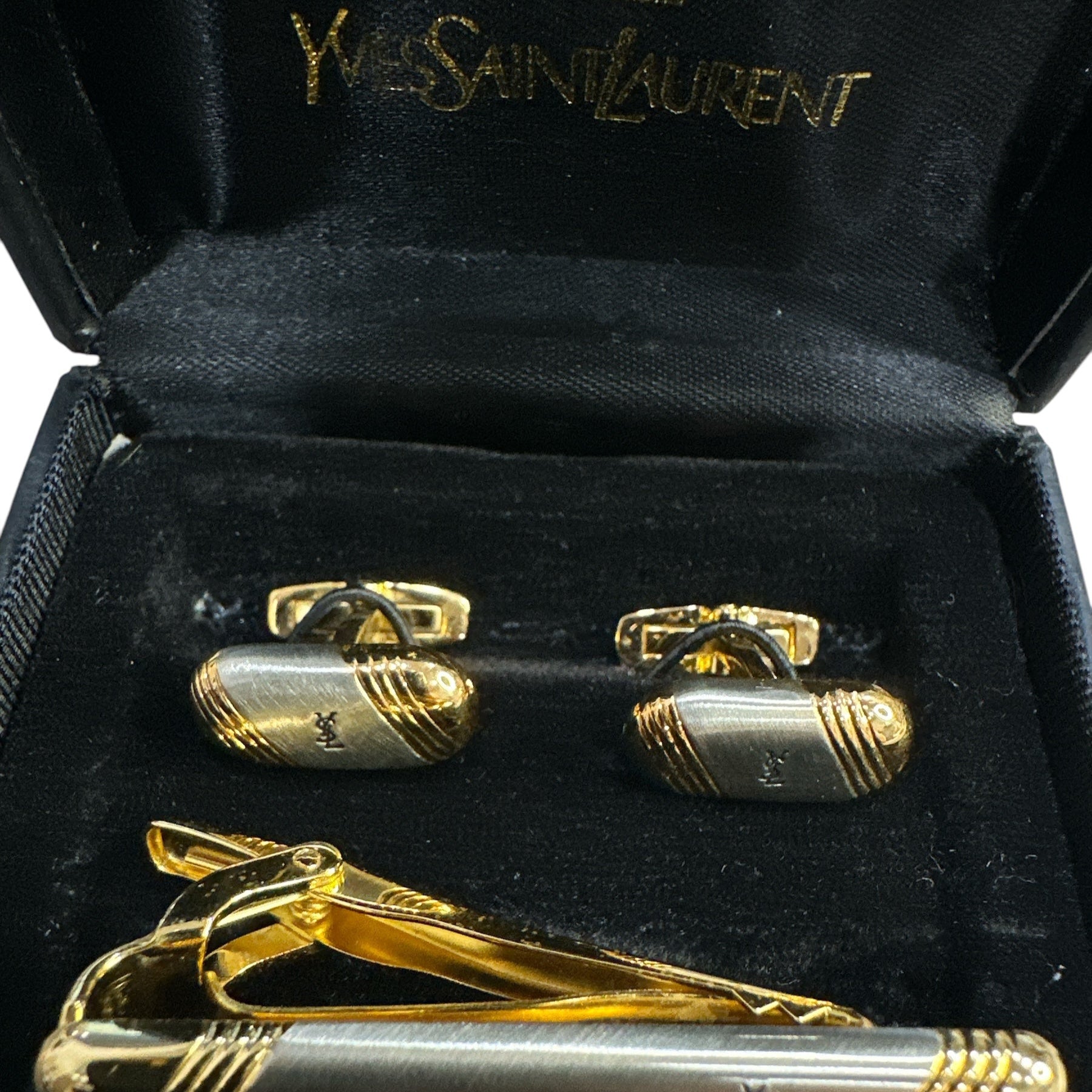 Yves Saint Laurent Vintage Two-Tone Logo Cufflink and Tie Pin Set - Clairely Amazing