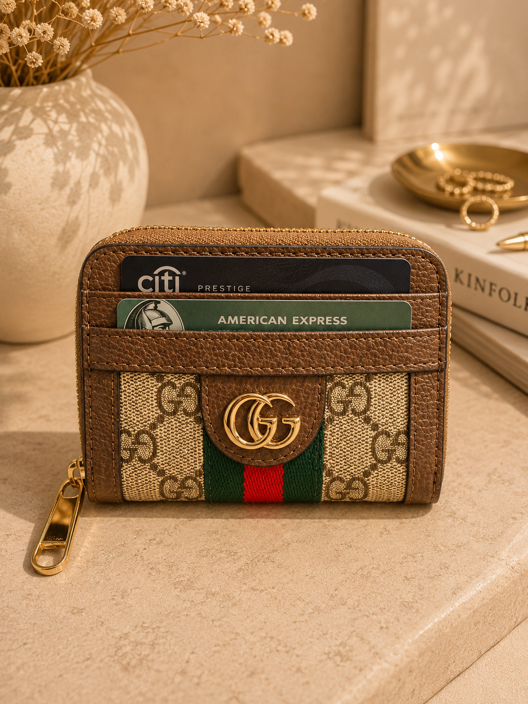 Fashion GG Stripe Zip Card Wallet