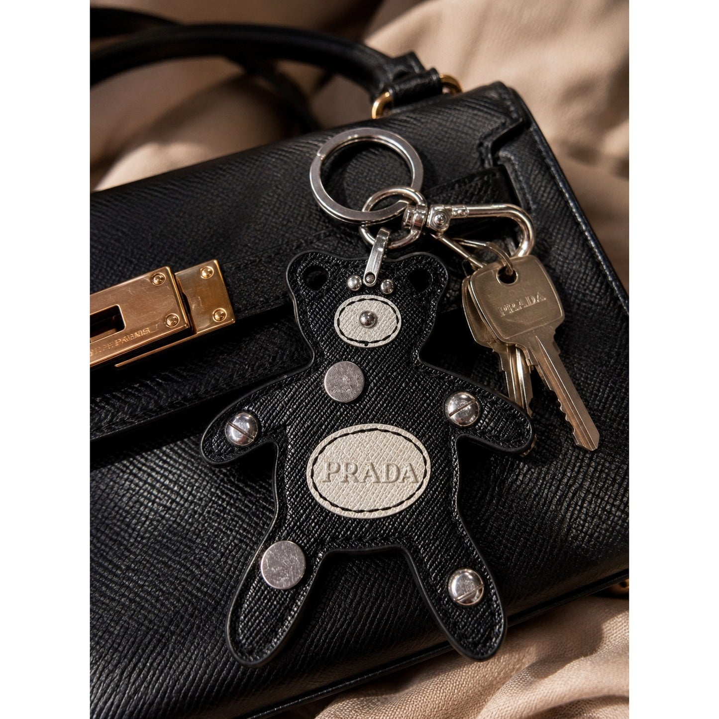 Authentic Prada Saffiano Leather Teddy Bear Bag Charm / Key Ring – Black & White