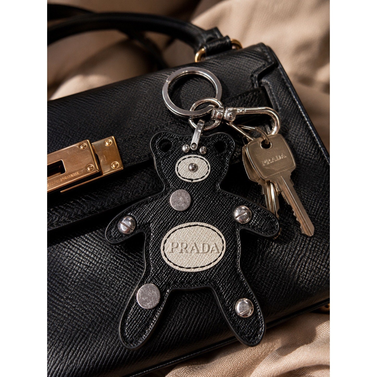Authentic Prada Saffiano Leather Teddy Bear Bag Charm / Key Ring – Black & White