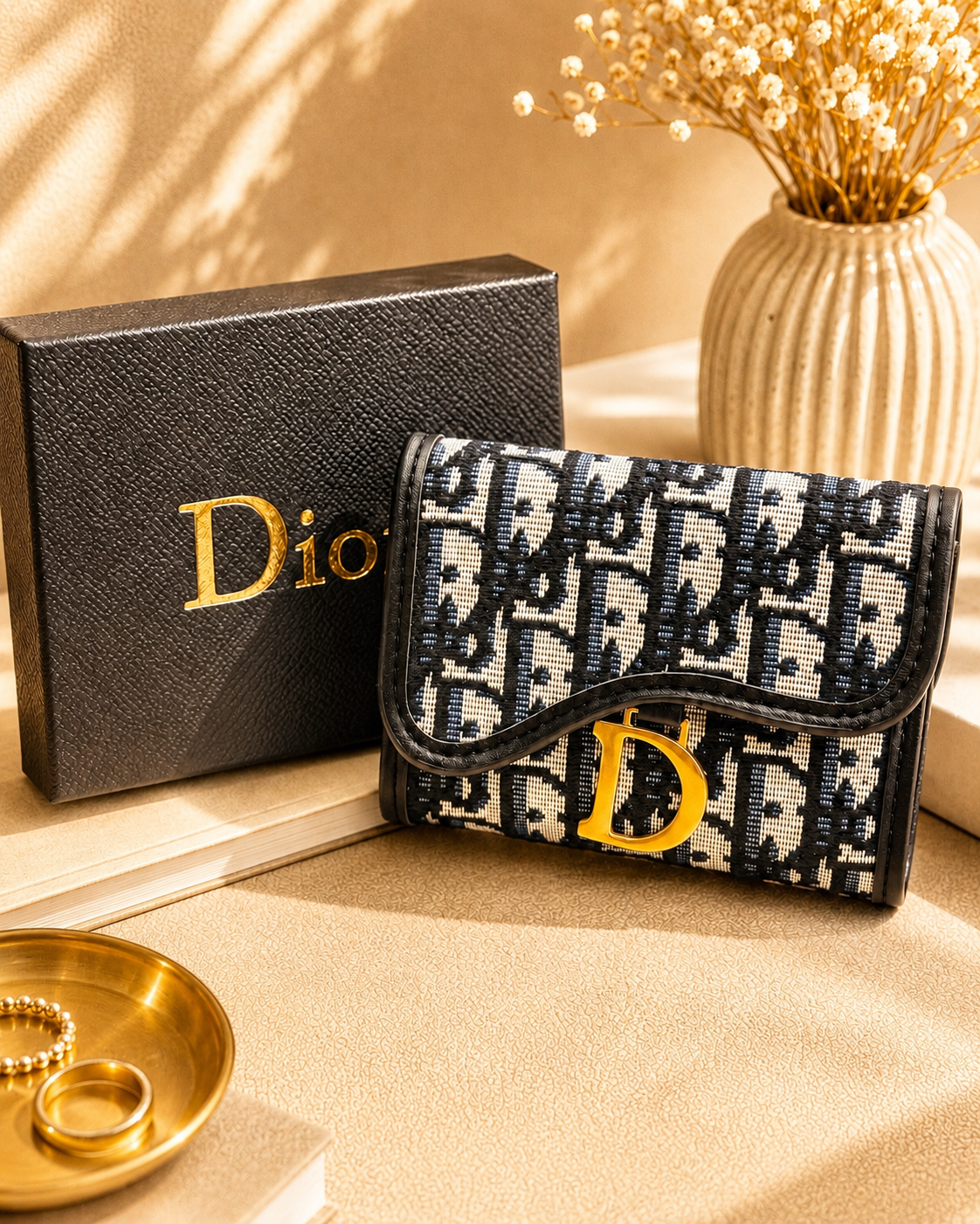 Fashion Luxury Inspired Jacquard Compact Wallet with Gift Box – Navy & Beige