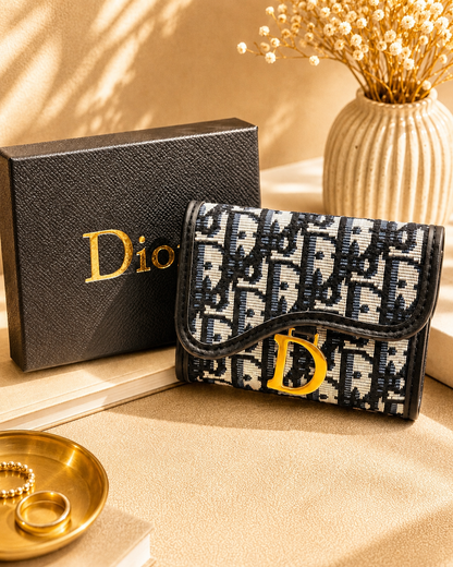 Fashion Luxury Inspired Jacquard Compact Wallet with Gift Box – Navy & Beige