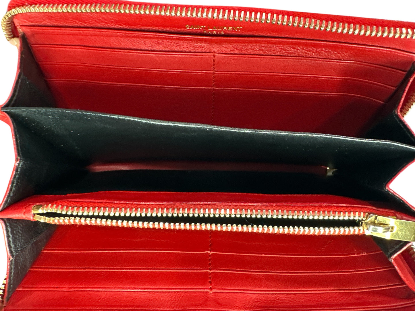 Saint Laurent Red Leather Monogram Zip Around Wallet - Clairely Amazing