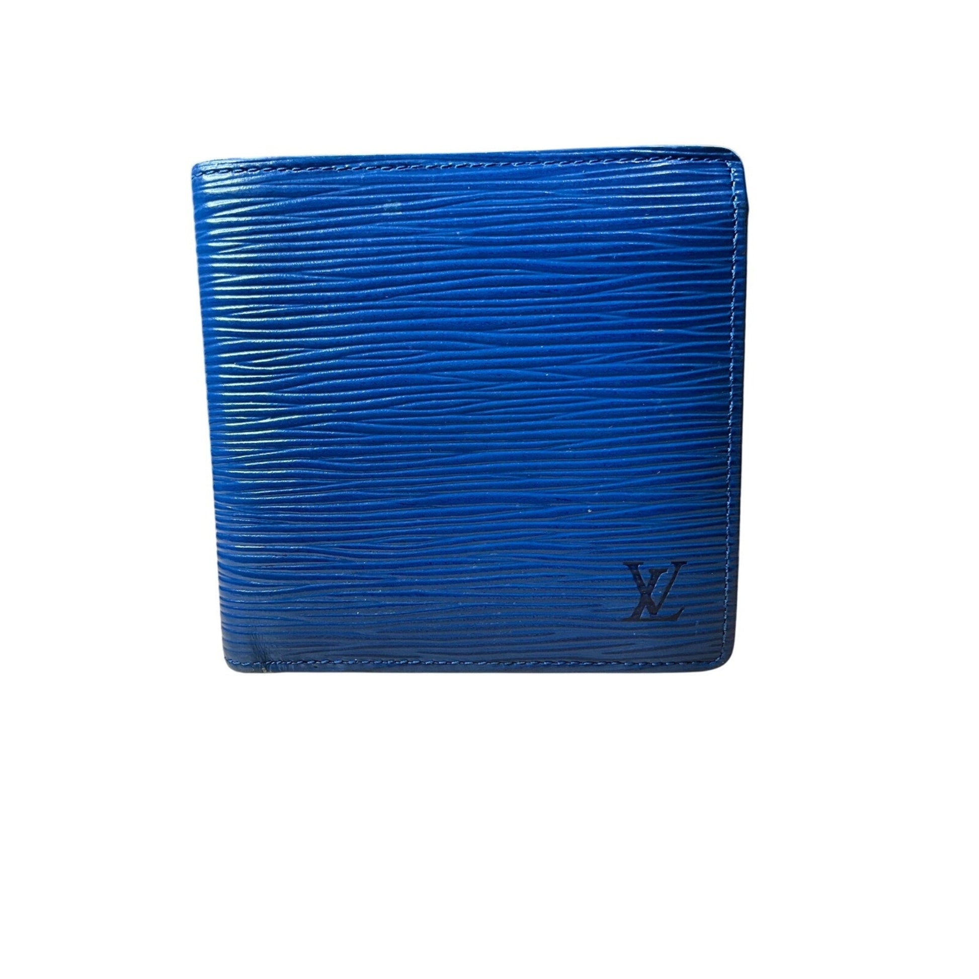 Blue textured wallet with a brand logo on a white background