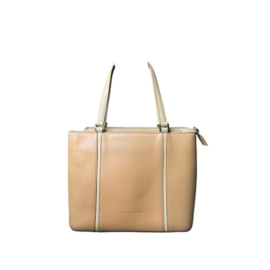 Beige handbag with a visible brand name on a white background