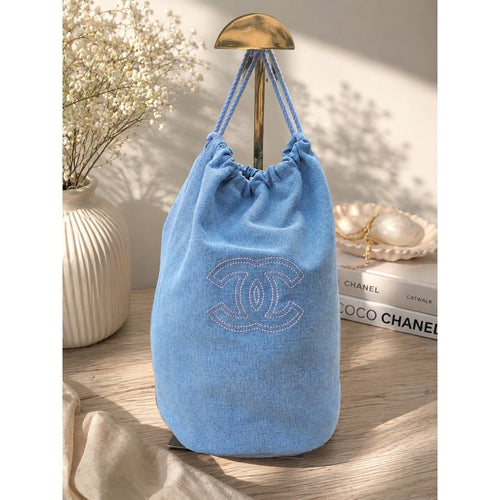 Chanel Beauty GWP Denim Drawstring Bucket Cosmetic Pouch with Box | Blue Makeup Travel Bag