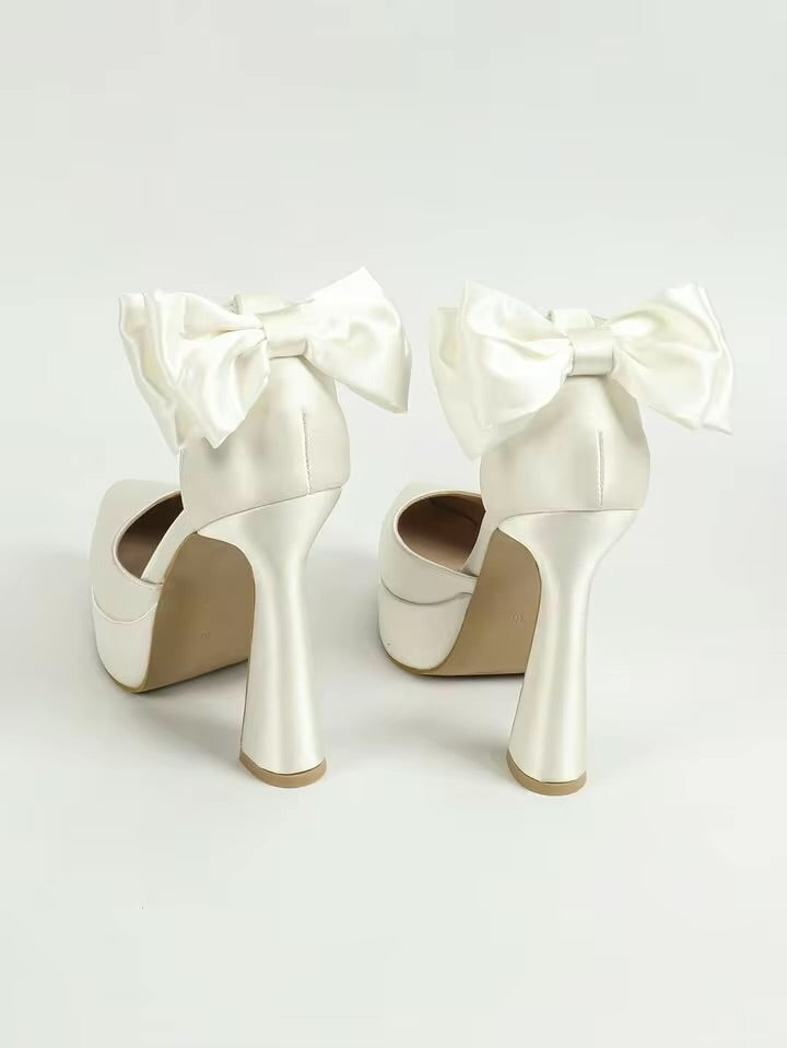 Women’s Satin Bow Platform Heels – White