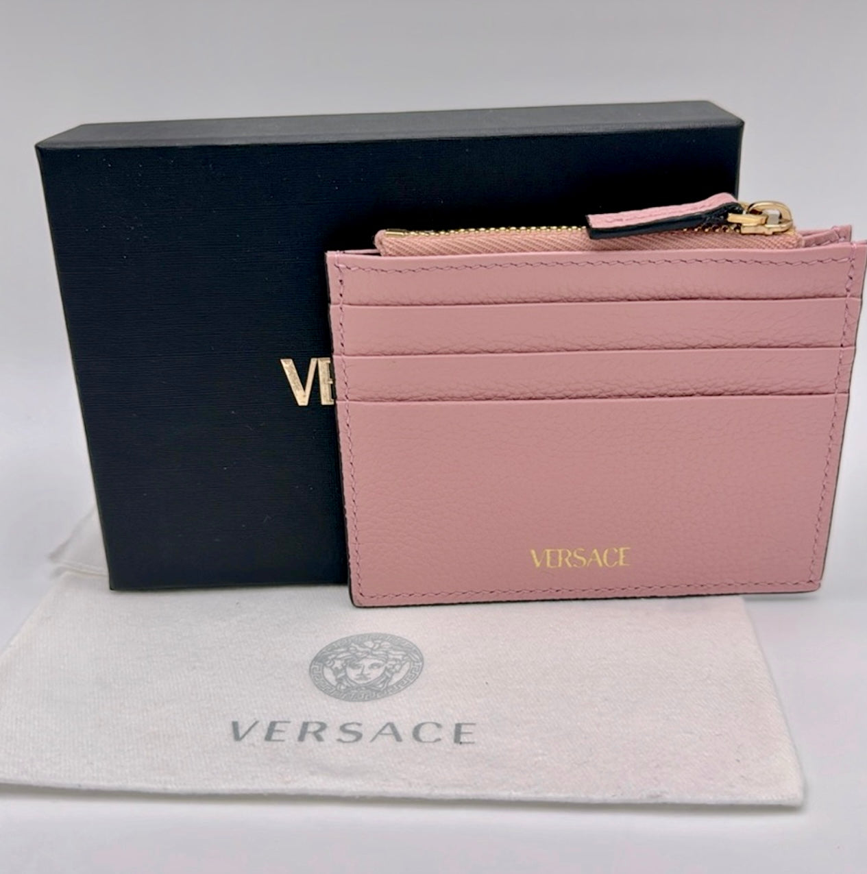 Versace Virtus logo grained leather card holder wallet NWB - Clairely Amazing