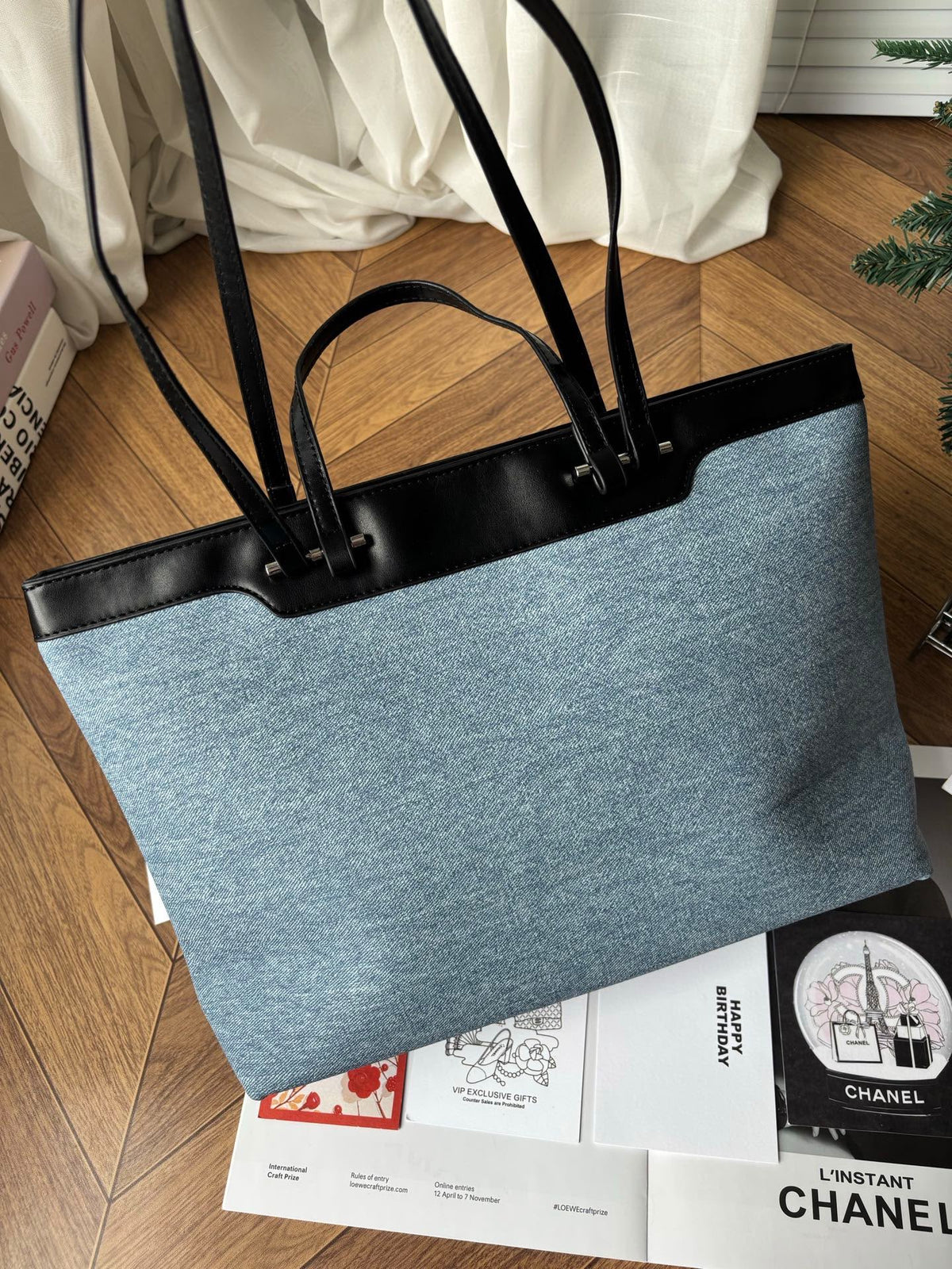 Chanel GWP Denim Tote Bag – Blue Denim with Black Leather Trim
