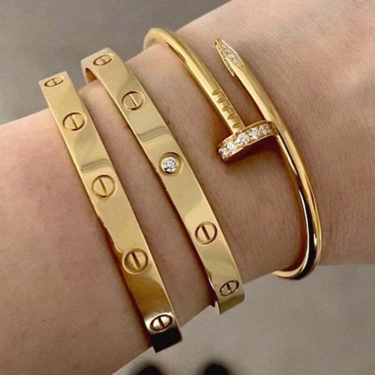 Stainless Steel Screw Motif Bangle Bracelet – Gold, Rose Gold & Silver Tone