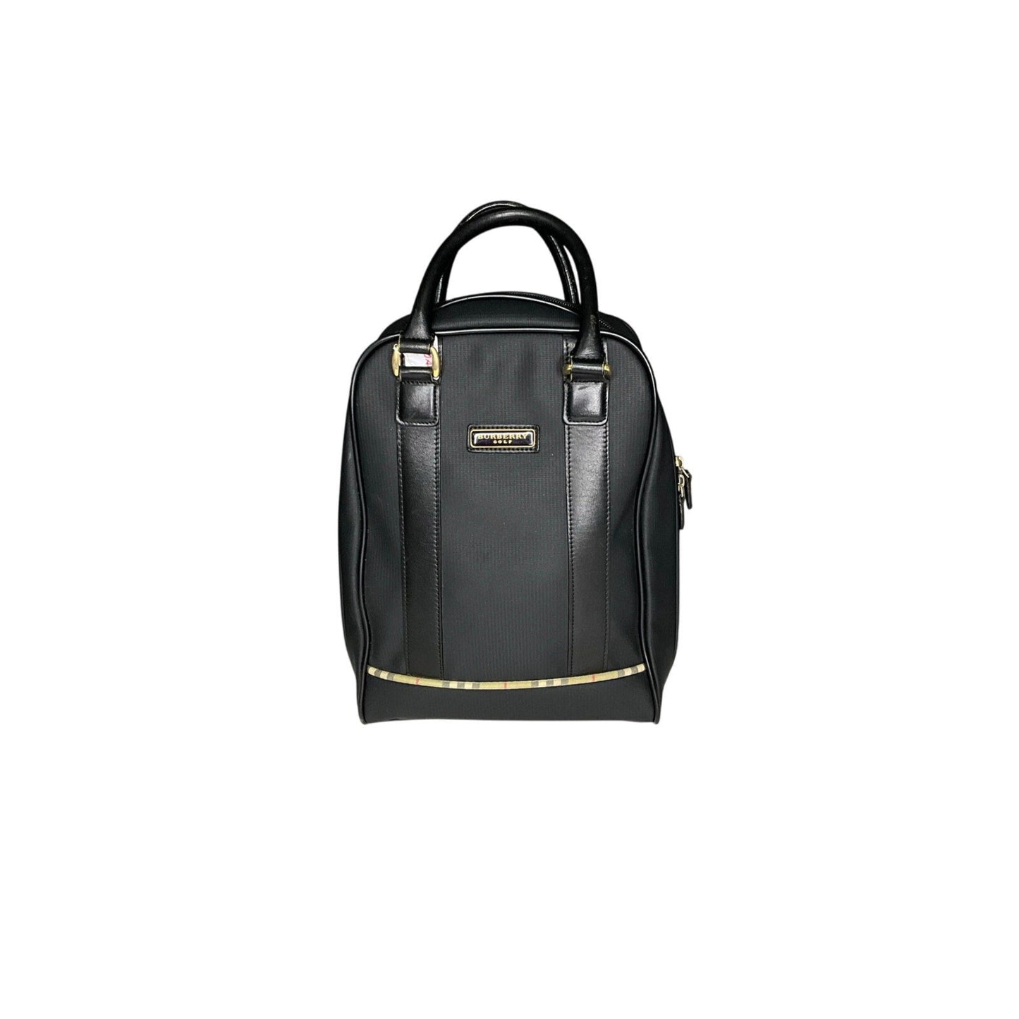 Black backpack with gold accents on a white background