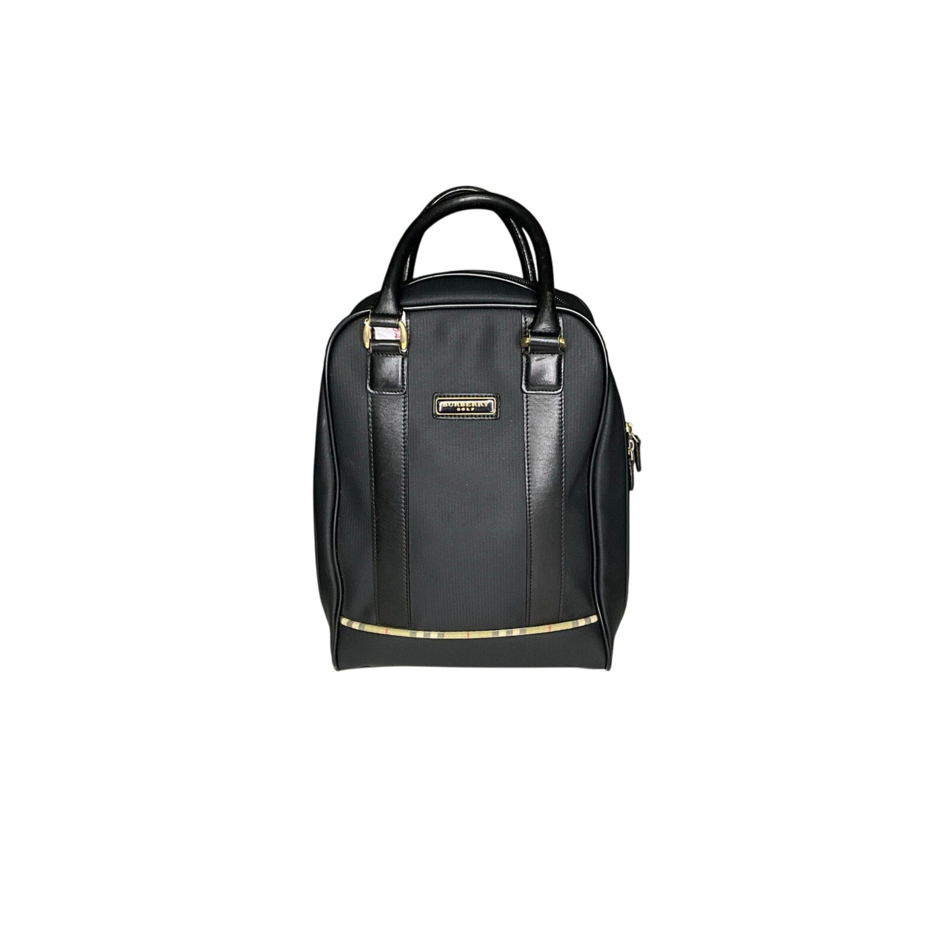 Black backpack with gold accents on a white background