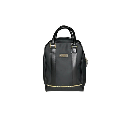 Black backpack with gold accents on a white background