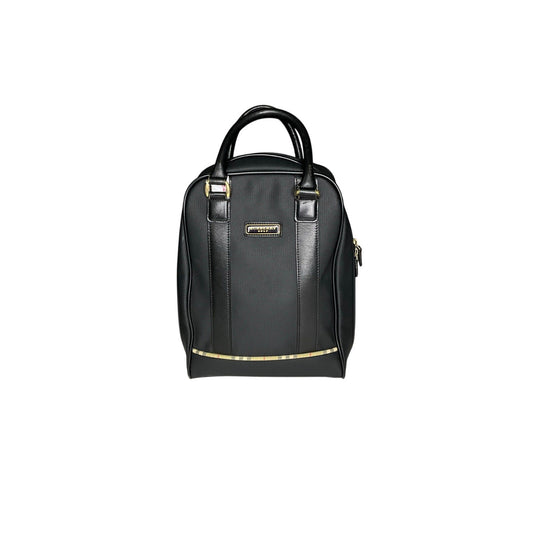 Black backpack with gold accents on a white background
