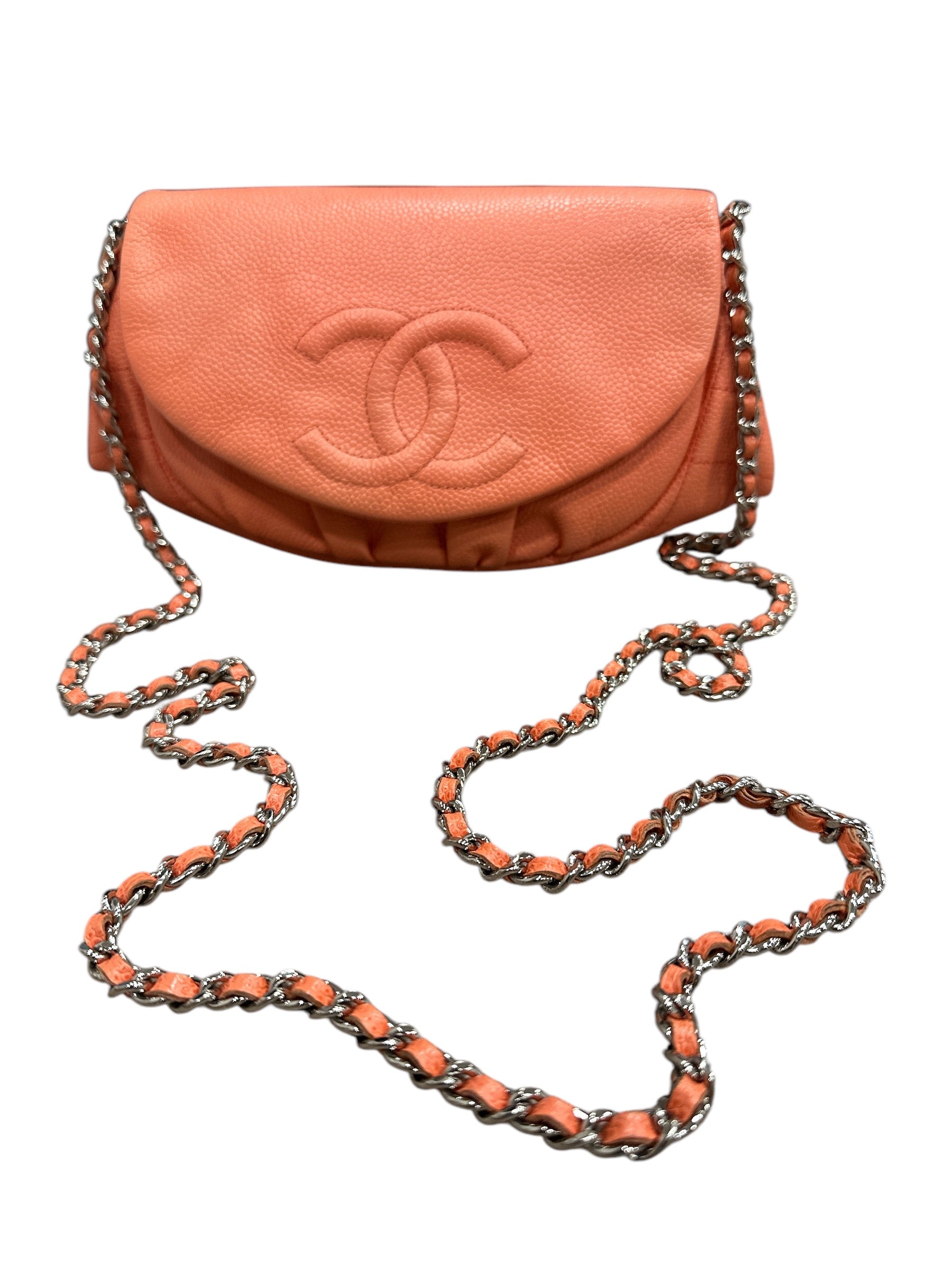 Chanel CORAL Caviar Leather Half Moon Wallet On Chain - Clairely Amazing