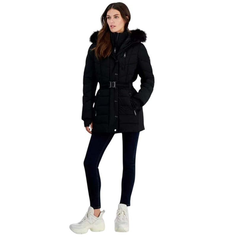 Michael Kors Active Belted Puffer with Faux Fur Trim Hood - BLACK