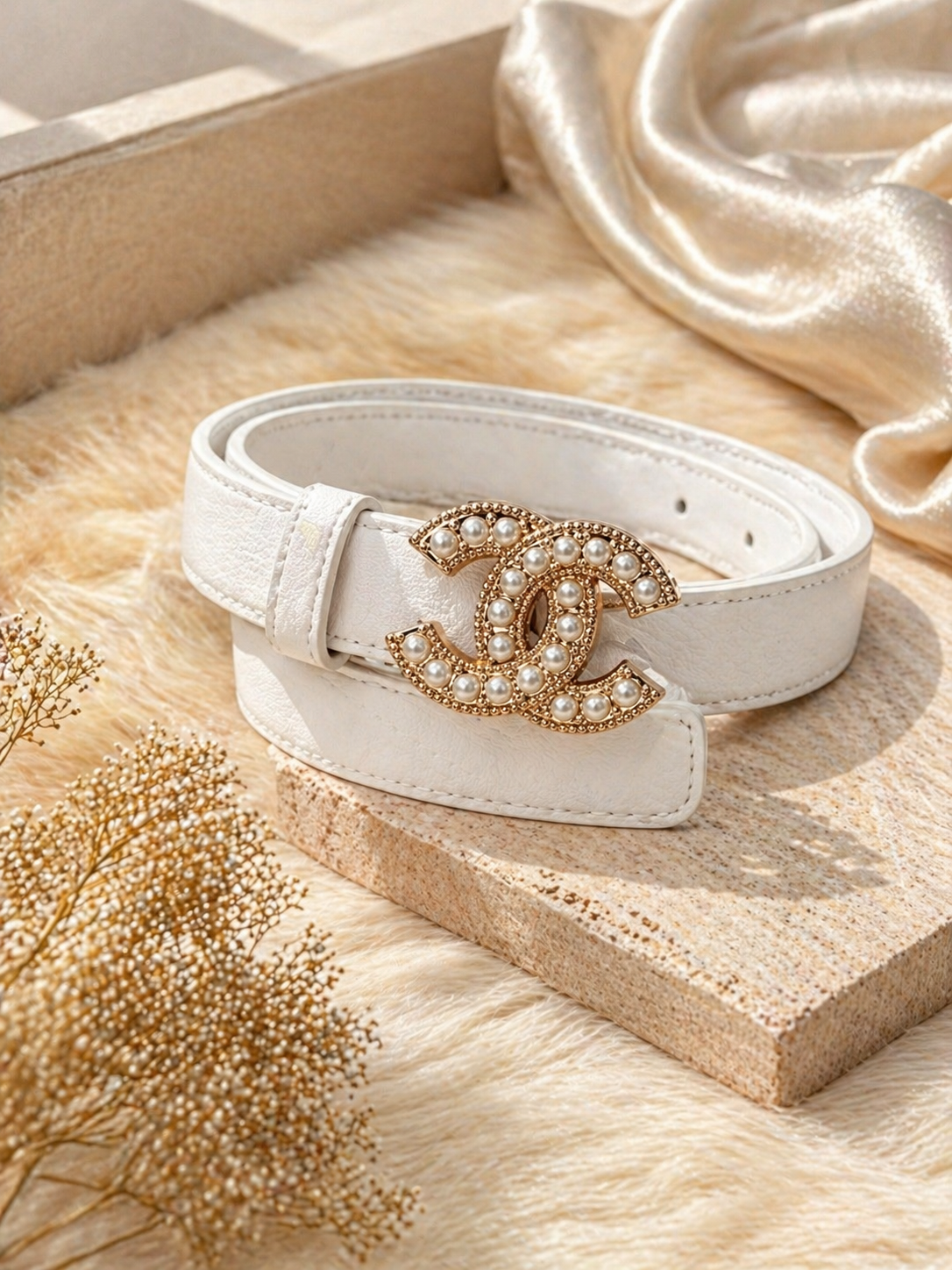 Pearl Luxe Double Letter Statement Belt – White & Gold