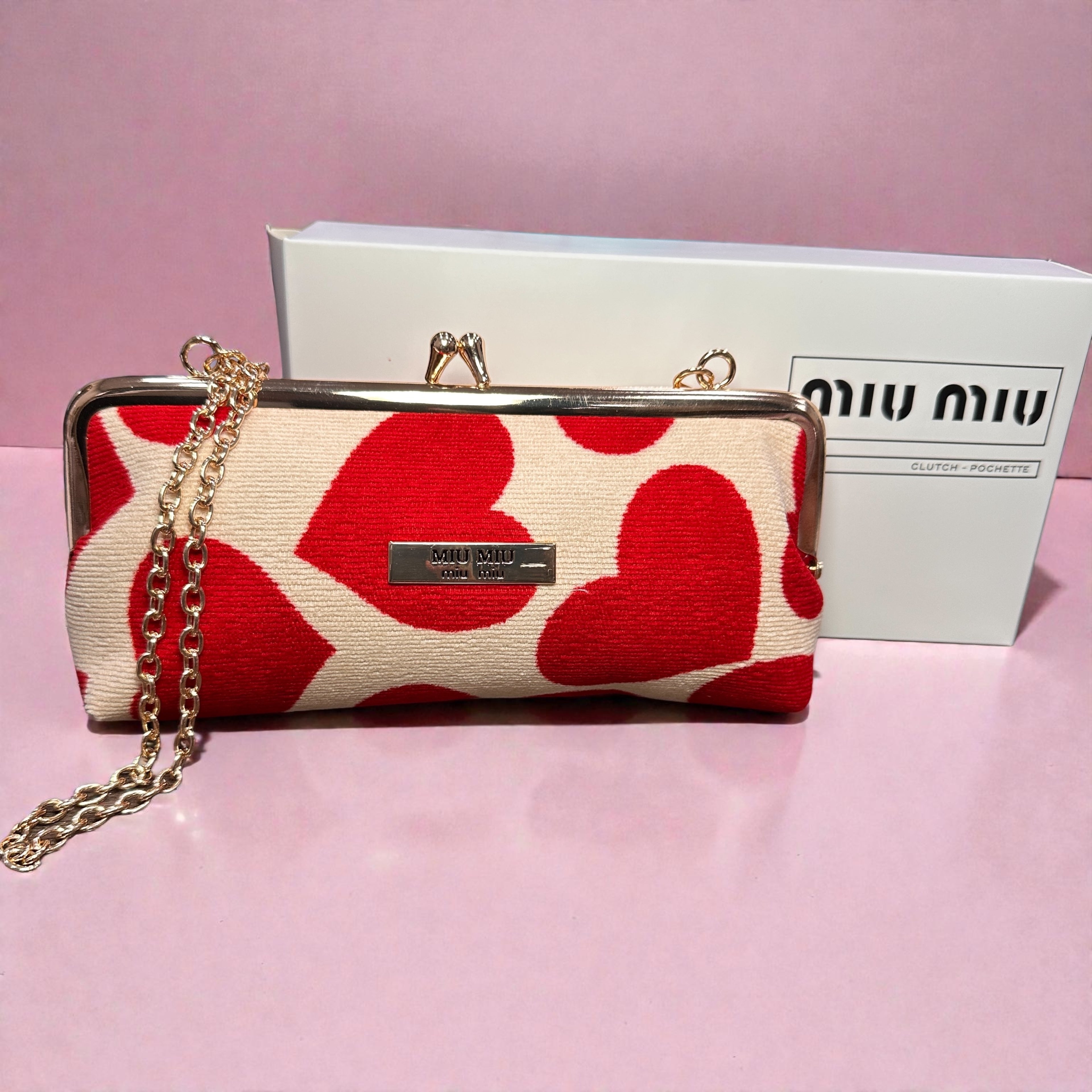 Miu Miu Heart Clutch Crossbody – GWP Edition (With Gold Chain + Box)