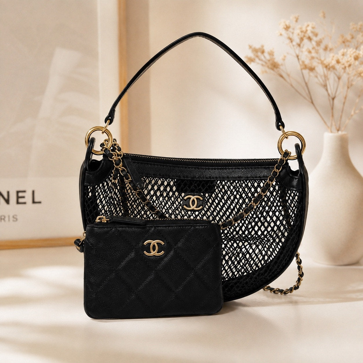 GWP Black Half-Moon Mesh Shoulder Bag with Detachable Mini Pouch
