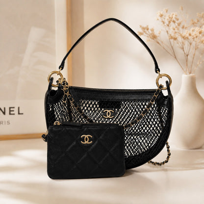 GWP Black Half-Moon Mesh Shoulder Bag with Detachable Mini Pouch