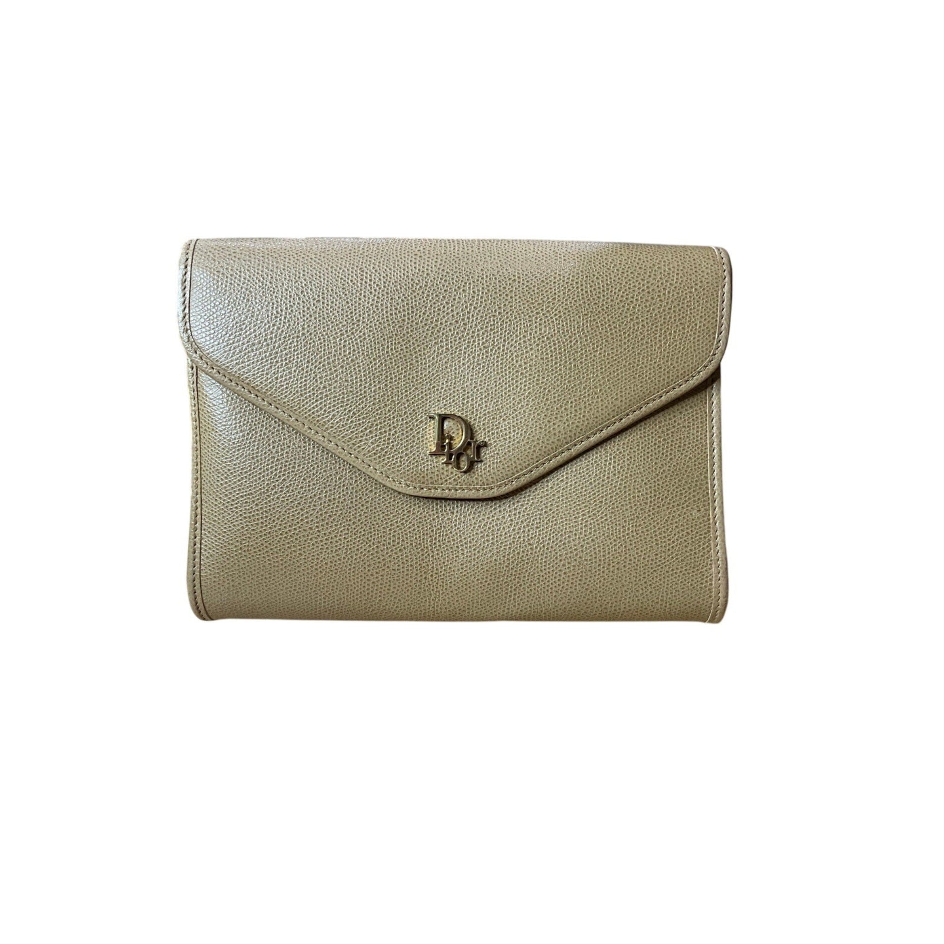 Beige wallet with brand logo on a white background