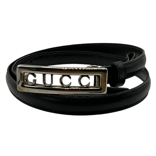 Gucci Black Leather Silver Belt
