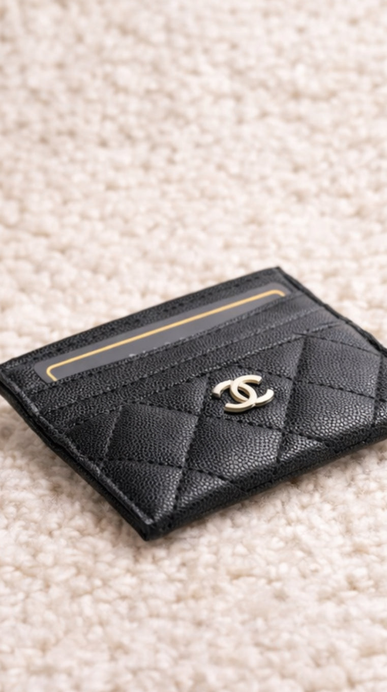 Quilted Leather Card Holder – Black/Gold