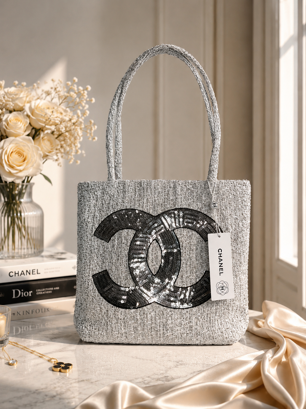 Silver Sequin CC Tote Bag | Tweed Style GWP Edition | Large Shoulder Tote