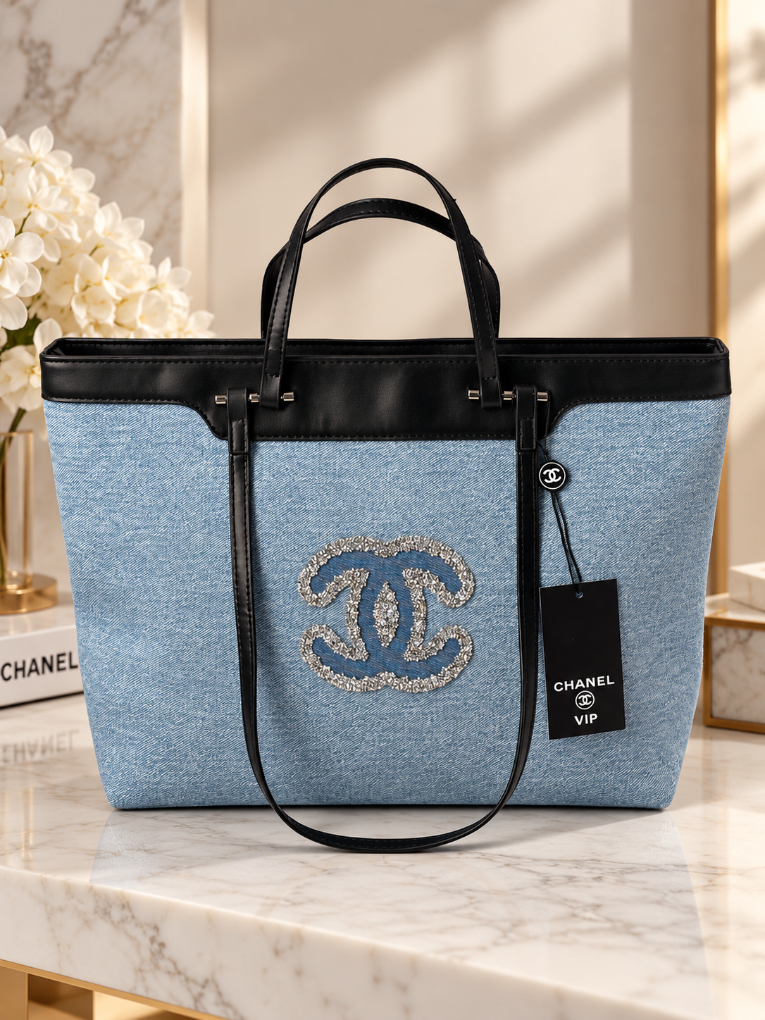 Chanel GWP Denim Tote Bag – Blue Denim with Black Leather Trim