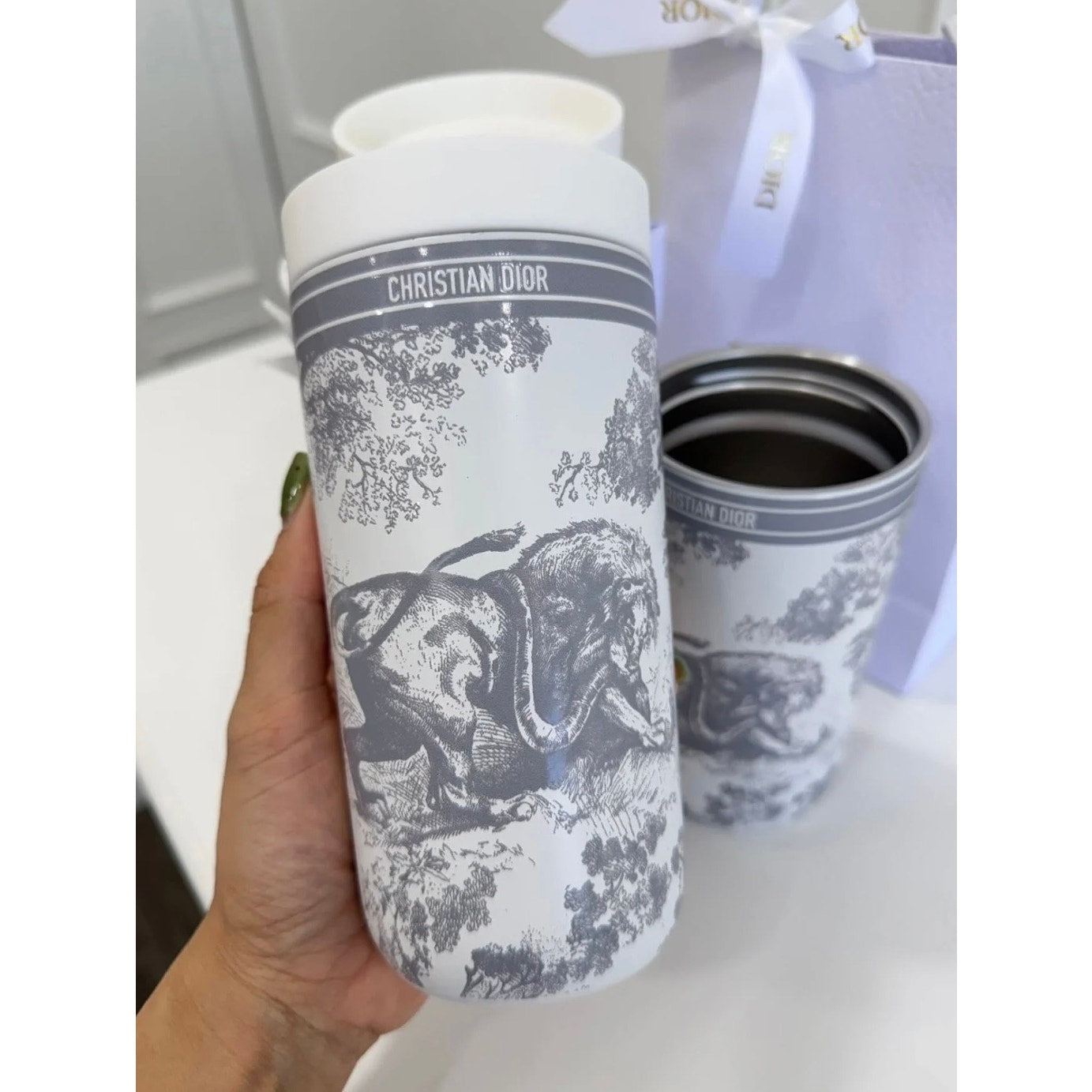 Dior Parfums GWP Toile Print Travel Coffee Cup – White Tumbler