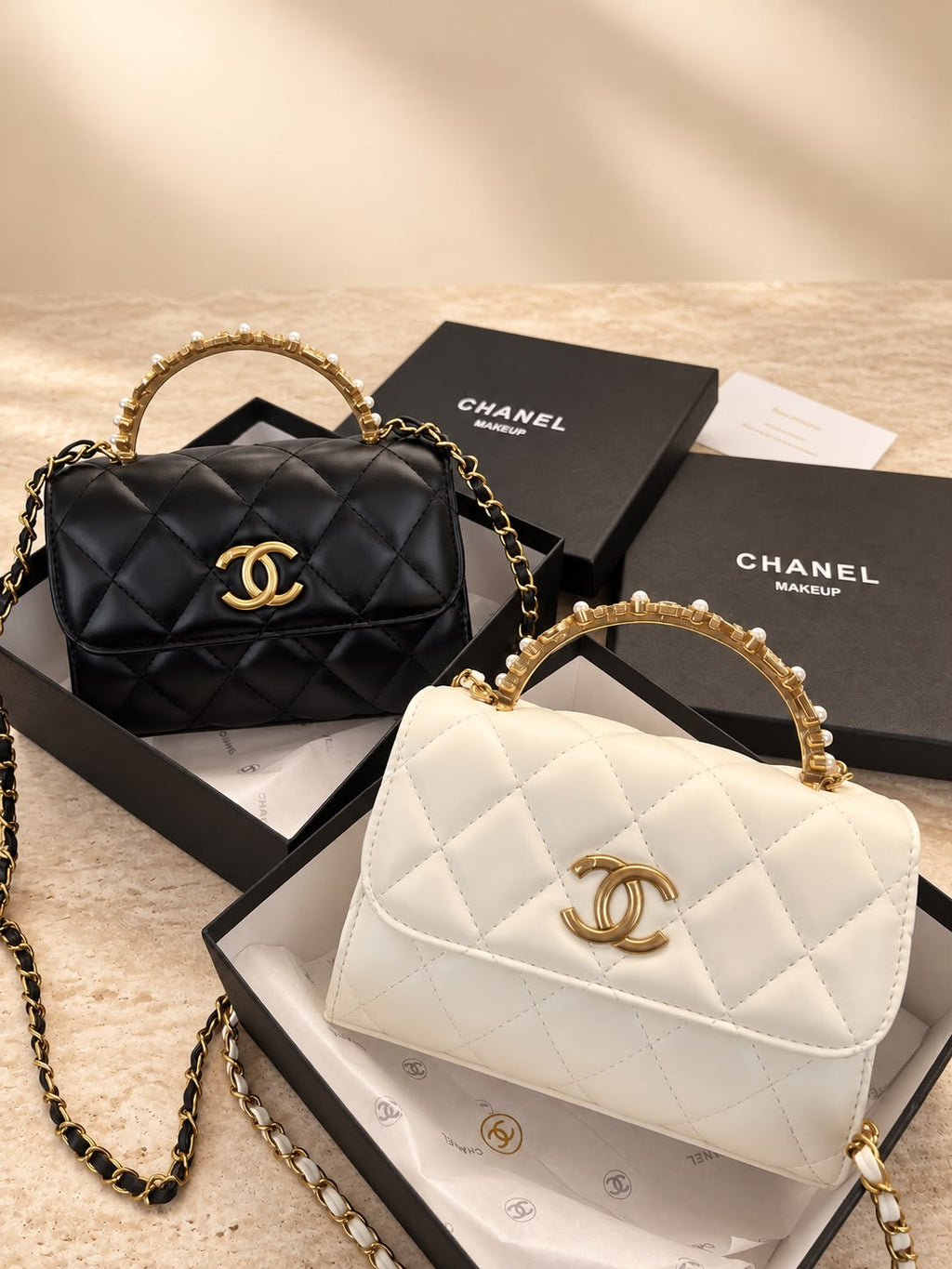 CHANEL Beauty GWP Pearl Handle Quilted Mini Bag – Black or Off White