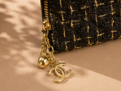 Fashion Black & Gold Tweed Zip Around Wallet