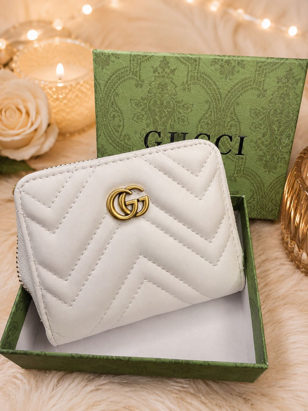 Fashion Designer Inspired Chevron Compact Zip Around Wallet – White