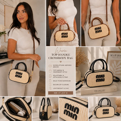 ⭐Woven Top Handle Crossbody Bag – Straw-Inspired Design | Brown or Black Trim