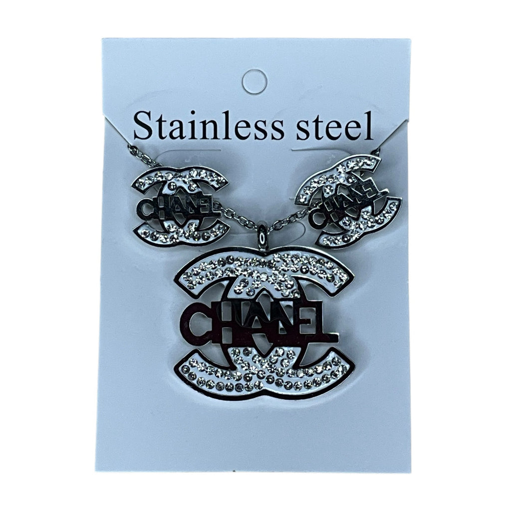 Stainless Steel Double C Style Necklace & Earrings Set – Rhinestone Jewelry
