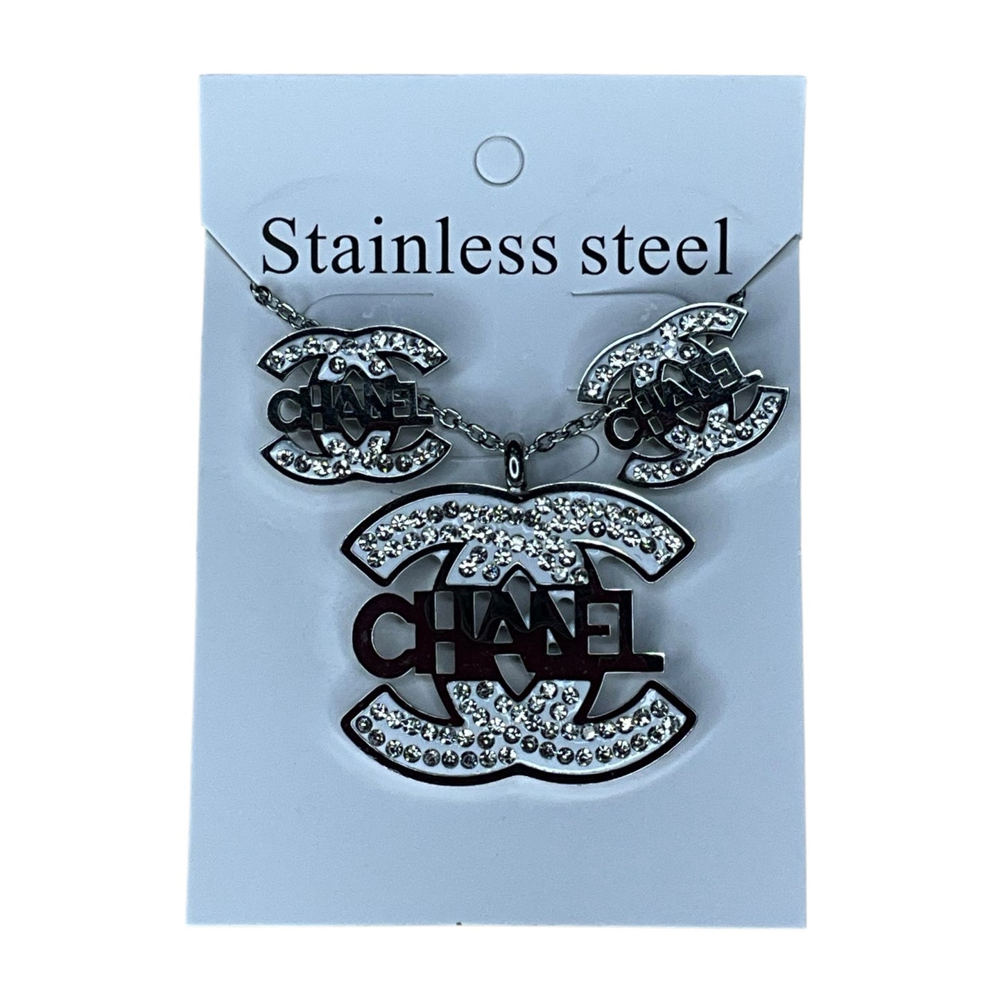 Stainless Steel Double C Style Necklace & Earrings Set – Rhinestone Jewelry
