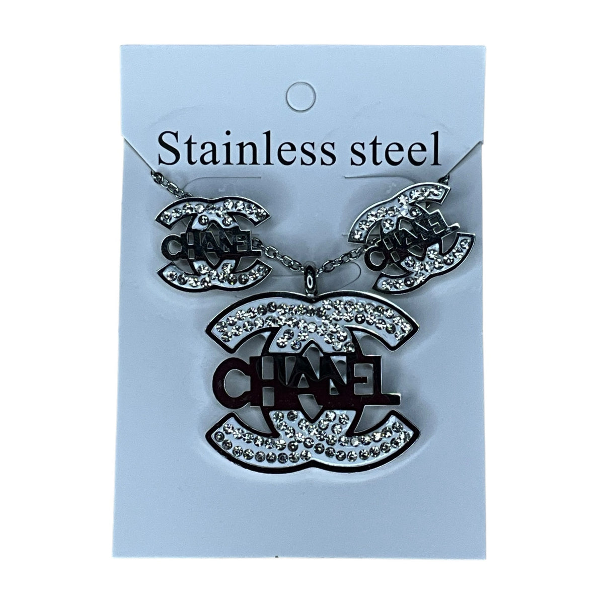 Stainless Steel Double C Style Necklace & Earrings Set – Rhinestone Jewelry