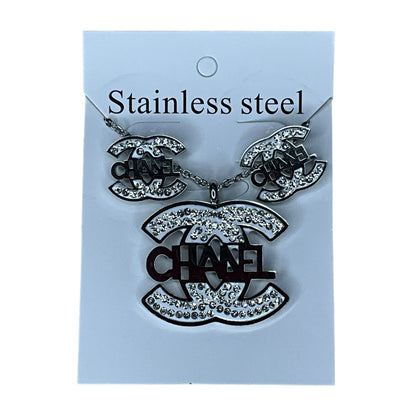 Stainless Steel Double C Style Necklace & Earrings Set – Rhinestone Jewelry