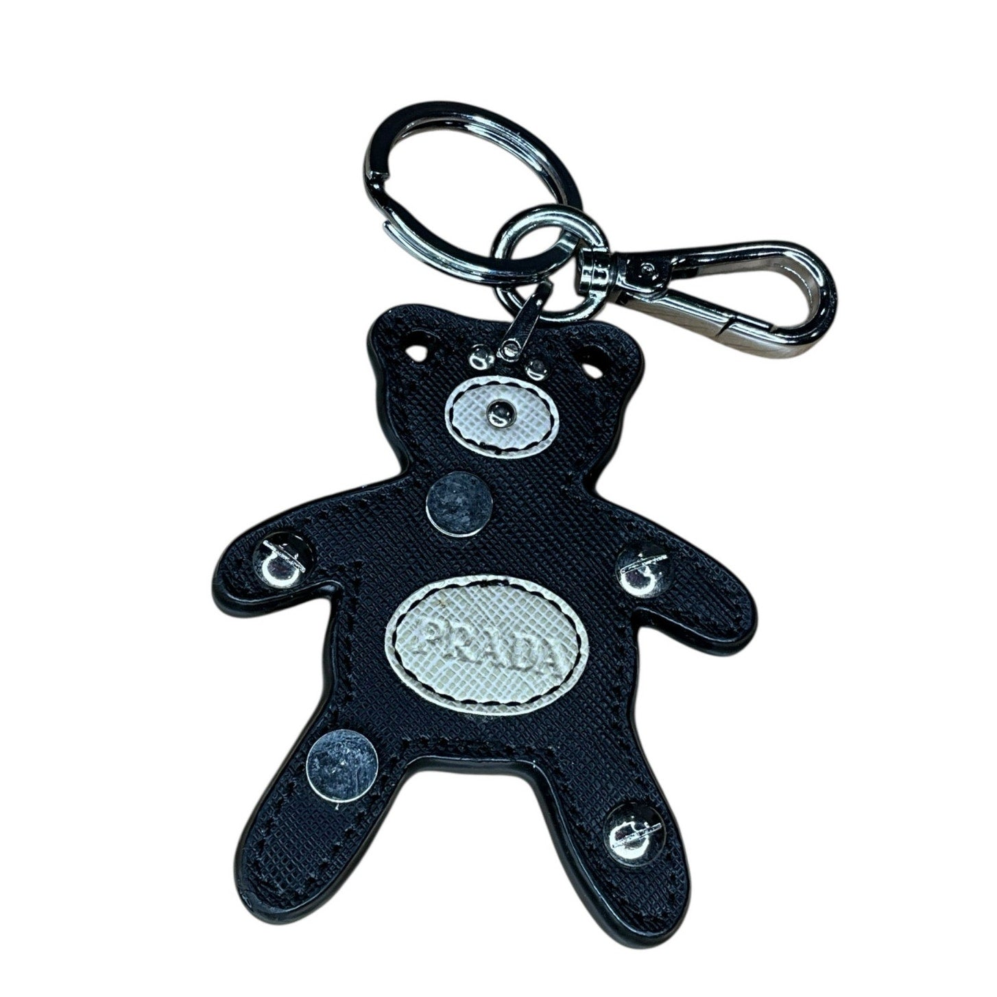 Authentic Prada Saffiano Leather Teddy Bear Bag Charm / Key Ring – Black & White
