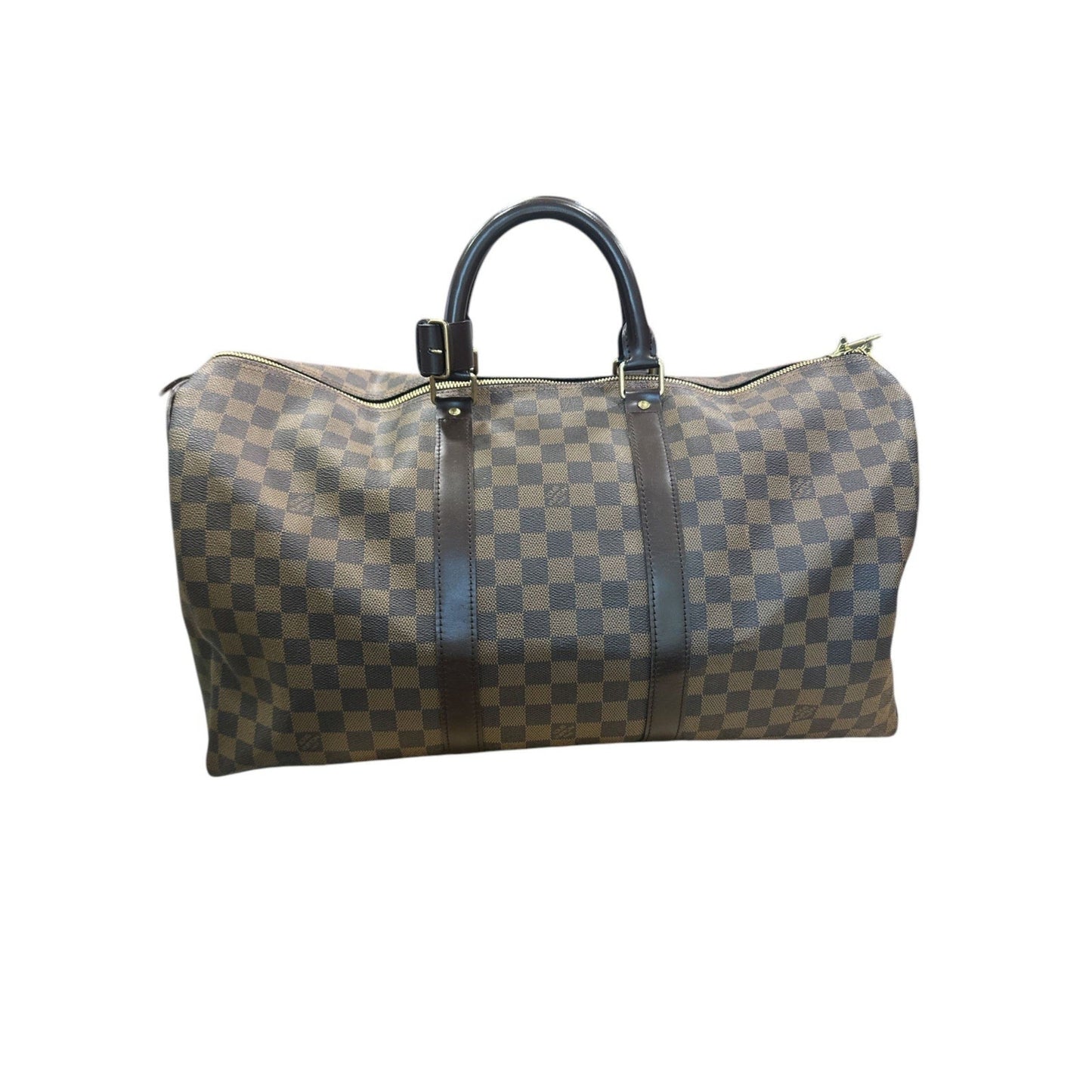 Checkered patterned duffel bag on a white background