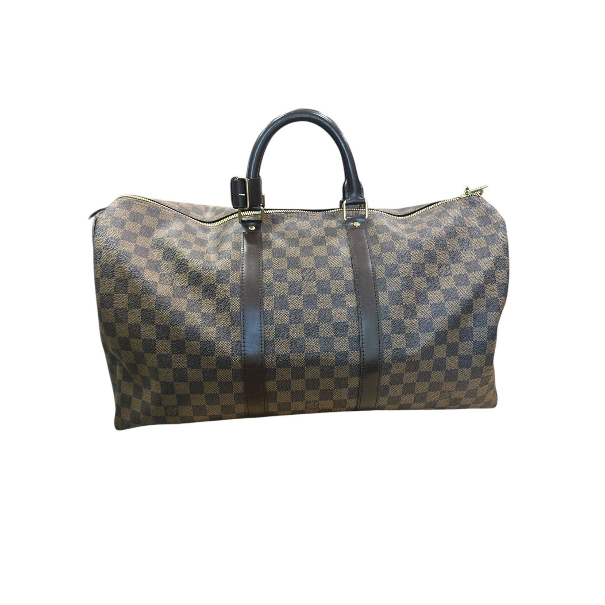 Checkered patterned duffel bag on a white background