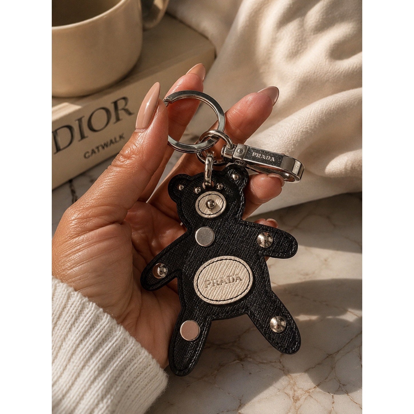Authentic Prada Saffiano Leather Teddy Bear Bag Charm / Key Ring – Black & White
