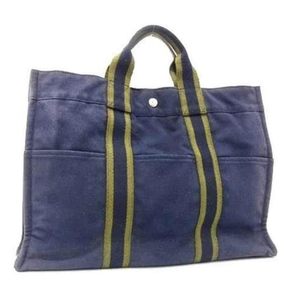Hermes Navy/Green Toile Fourre-Tout MM Tote Bag