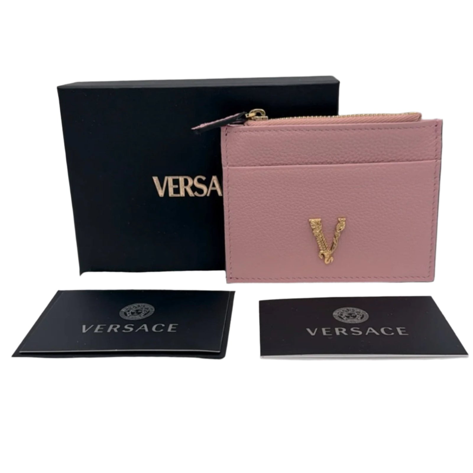 Versace Virtus logo grained leather card holder wallet NWB - Clairely Amazing