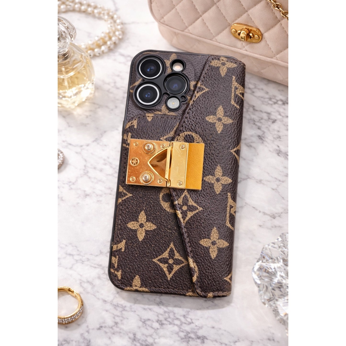 Luxury-Inspired Wallet iPhone Case with Card Holder – Fits iPhone 14 Pro Max (Gold Hardware Detail)