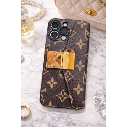 Luxury-Inspired Wallet iPhone Case with Card Holder – Fits iPhone 14 Pro Max (Gold Hardware Detail)