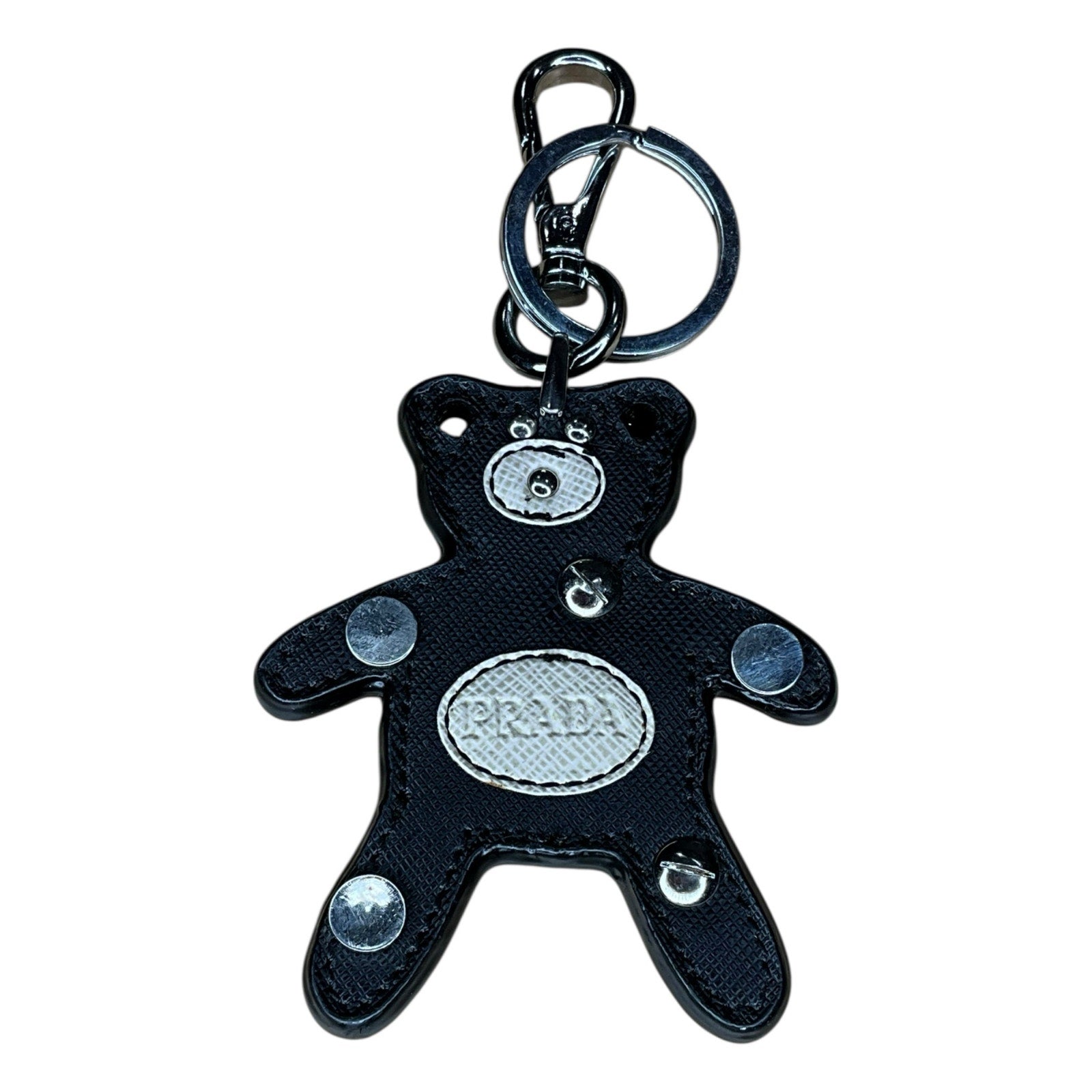Authentic Prada Saffiano Leather Teddy Bear Bag Charm / Key Ring – Black & White