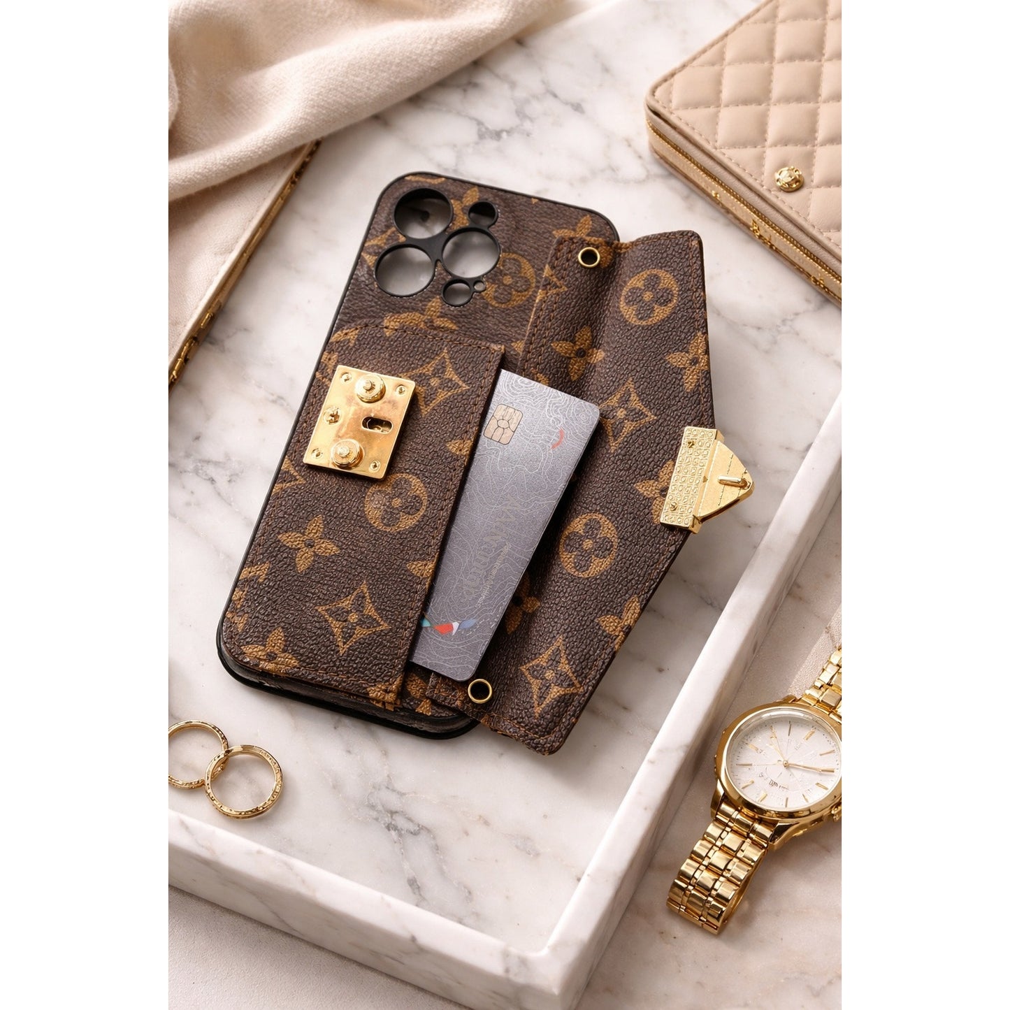 Luxury-Inspired Wallet iPhone Case with Card Holder – Fits iPhone 14 Pro Max (Gold Hardware Detail)