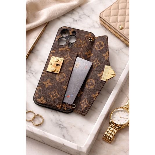Luxury-Inspired Wallet iPhone Case with Card Holder – Fits iPhone 14 Pro Max (Gold Hardware Detail)